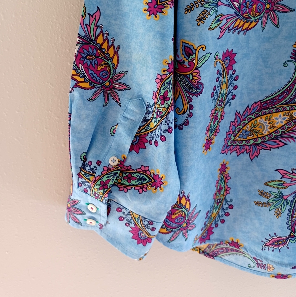 Talbots Cotton Button Front Shirt - Swirly Paisley, Size Lp - Picture 10 of 16